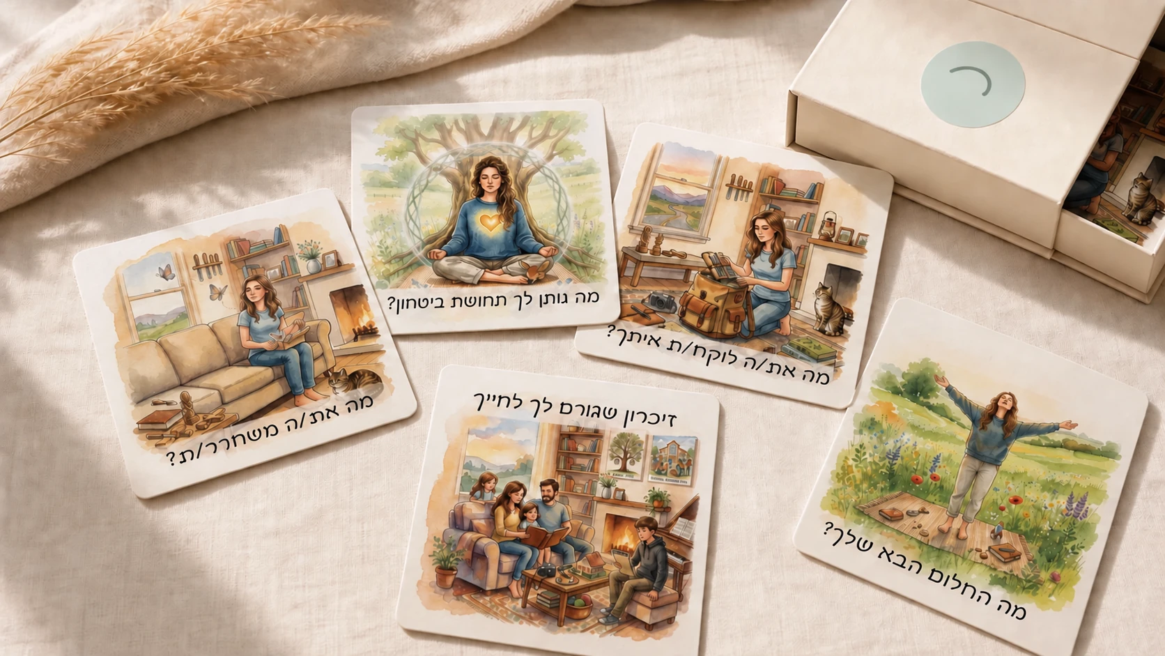 קלפים טיפוליים מאוירים לפרידה ושינוי פרושים לצד קופסת הערכה