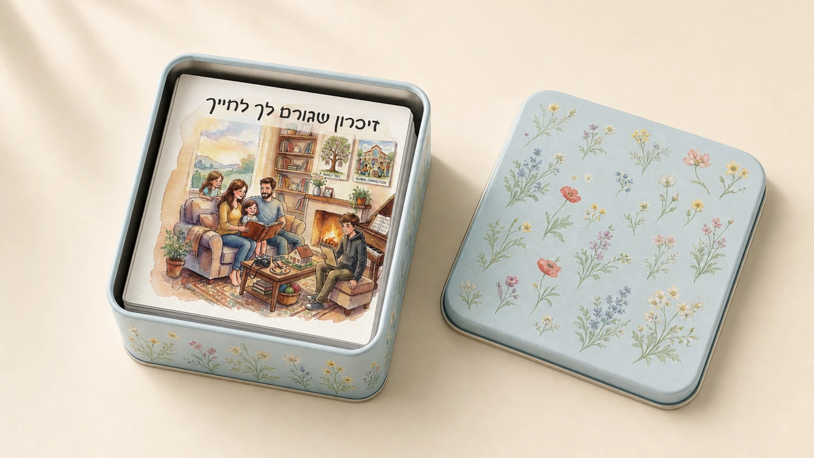 קופסת פח תכולה ופרחונית עם חפיסת קלפים טיפוליים